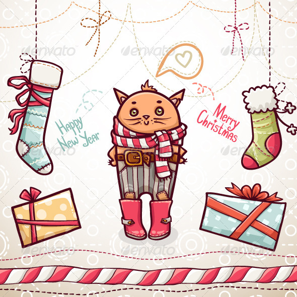 Christmas Greeting Card with Cat - Christmas Seasons/Holidays