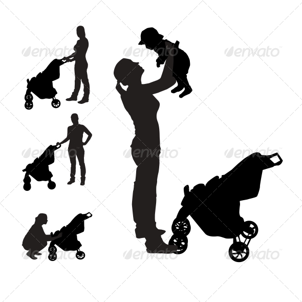 Mother with Pram Silhouettes - People Characters