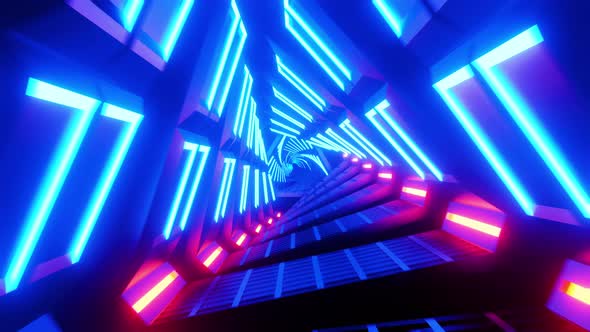 Flying through a neon tunnel made of triangles. Looped animation