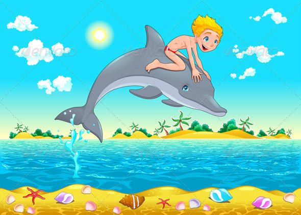 The Boy and the Dolphin in the Sea. - Animals Characters