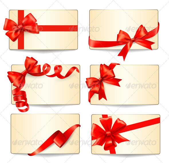 Set of Cards with Red Gift Bows - Christmas Seasons/Holidays