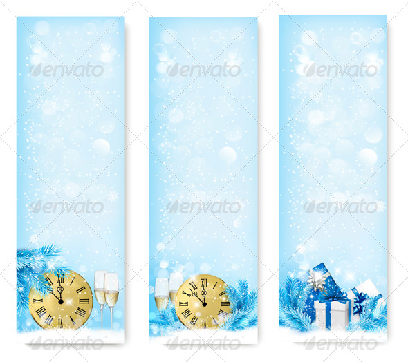 Three Holiday Banners with Clock - New Year Seasons/Holidays