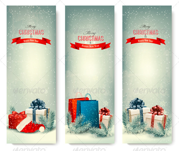Three Retro Holiday Banners with Gift Boxes - Christmas Seasons/Holidays