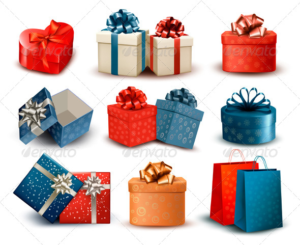 Set of Colorful Retro Gift Boxes with Bows - Christmas Seasons/Holidays