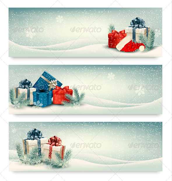 Three Retro Holiday Banners with Gift Boxes - Christmas Seasons/Holidays
