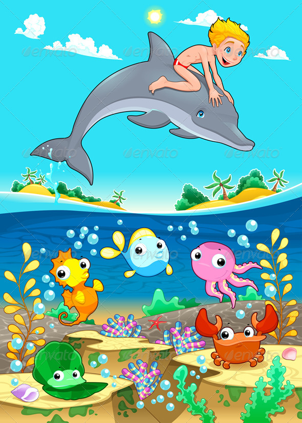 Boy and Dolphin with Fish Under the Sea. - Animals Characters