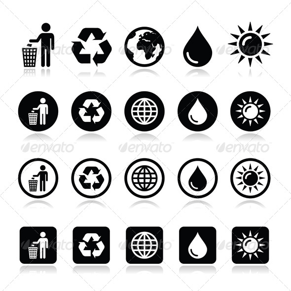 Man and Bin, Recycling, Globe, Eco Power Icons Set - Abstract Conceptual