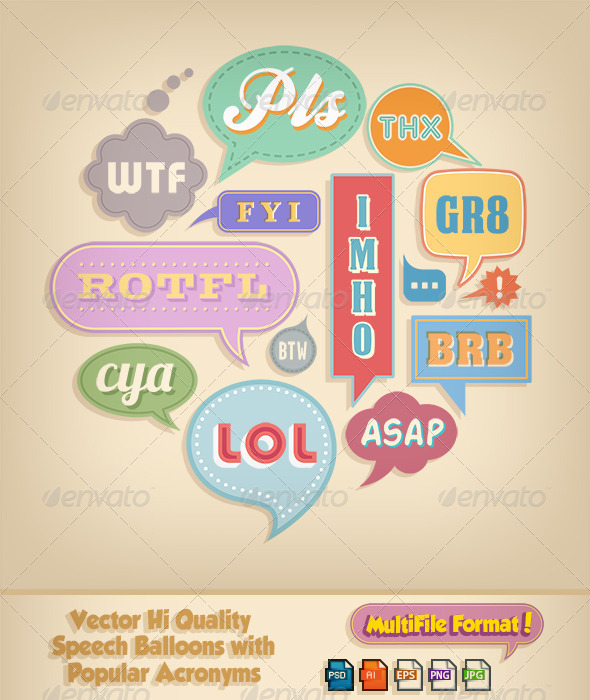 Colorful Comic Speech Bubbles and Popular Acronyms - Web Elements Vectors