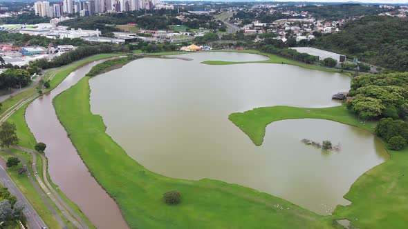 Barigui Park, Lake (Curitiba, Parana, Brazil) aerial view, drone footage alt
