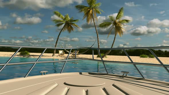 Yacht travel to the beach with palm trees.