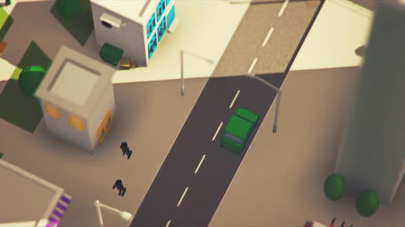 Aerial view of the low poly 3d cityscape. The camera is following a car.