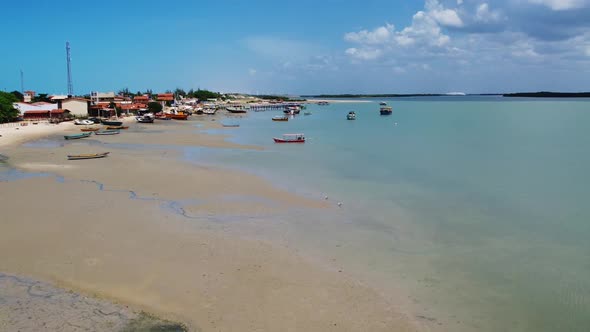 Ships Floating On Shallow Water Of Tropical Ocean At The Small Town Of Natal, Brazil. Aerial Drone S alt