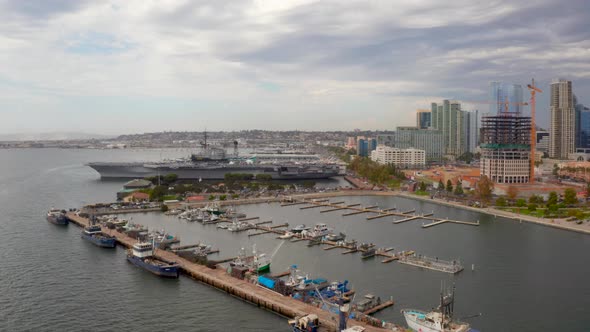 Aerial View of the San Diego Skyline and the USS Midway Museum, Stock ...