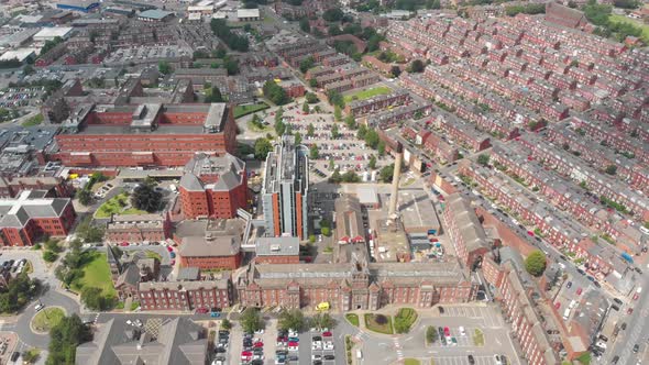 Aerial footage of the St. James's University Hospital in Leeds, West Yorkshire, England in the UK alt