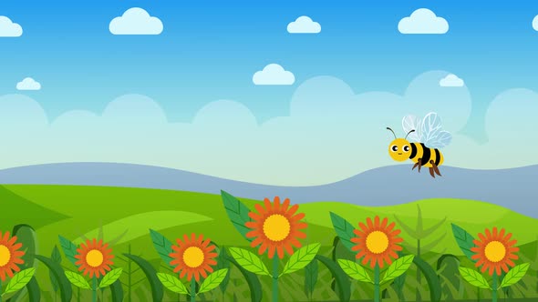A Bee flies over the flower garden and collects honey from the plant 4K animation
