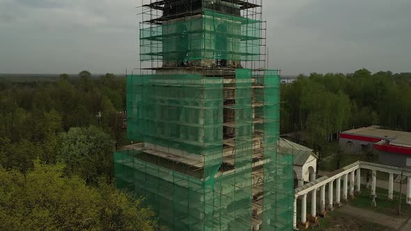 Aerial View on Building of Church Under Reconstruction in Small Town Kirov Regoin