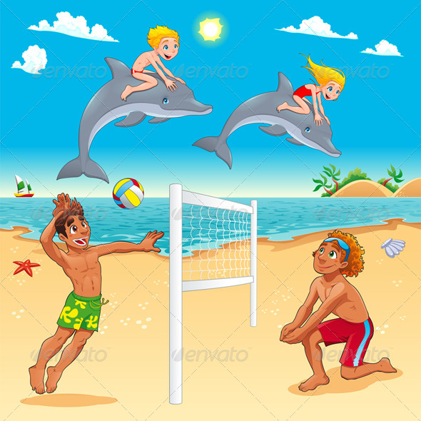 Funny Summer Scene with Dolphins and Beachvolley. - Sports/Activity Conceptual