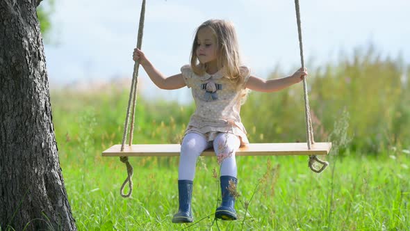 Happy cute girl swinging on a swing in the park. Little cheerful girl laughs.