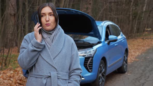 Woman Stands Near Broken Car Calling for Help on Roadside alt