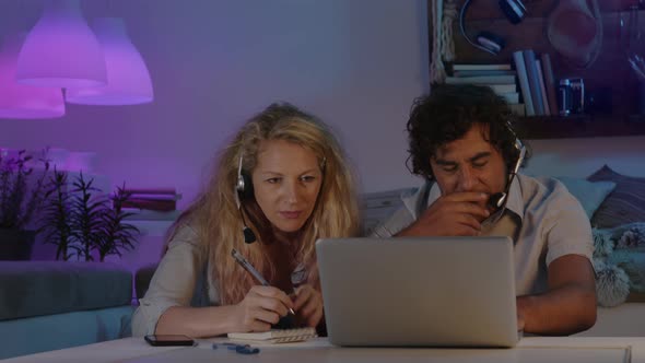 woman and man couple in smart working at home exhausted from work, in the evening