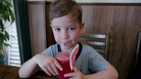 Little Boy Drinking Freshly Squeezed Watermelon Juice alt