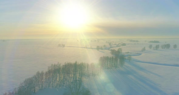 Aerial View of Cold Winter Landscape Arctic Field Trees Covered with Frost Snow Ice River and Sun alt