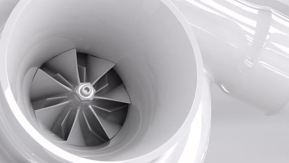 Close Up of 3D rendered turbocharger with slowly looping and rotating compressor wheel