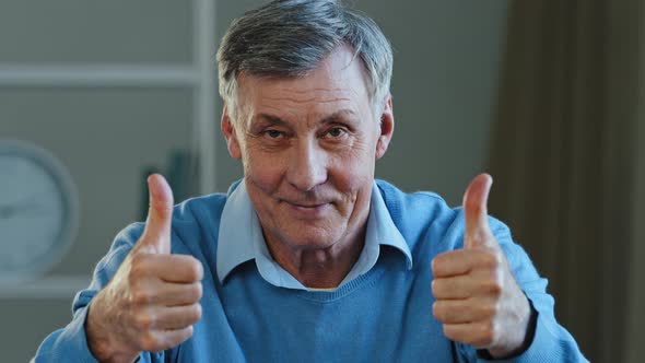 Portrait of Happy Mature Elderly Man Showing Two Thumbs Up Smiling Pensioner Looking at Camera alt