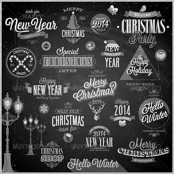Christmas Set of Labels and Emblems on Chalkboard - Christmas Seasons/Holidays