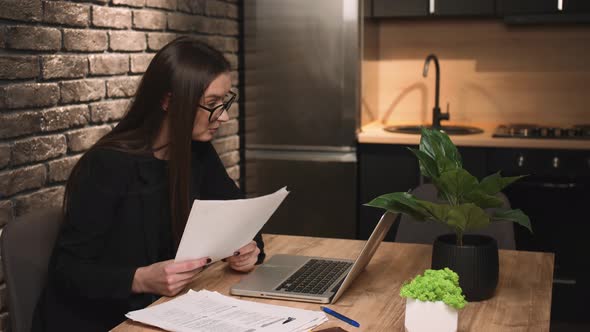 Angry Stressed Businesswoman in Glasses Has Video Conference Calling Chatting on Laptop Working alt