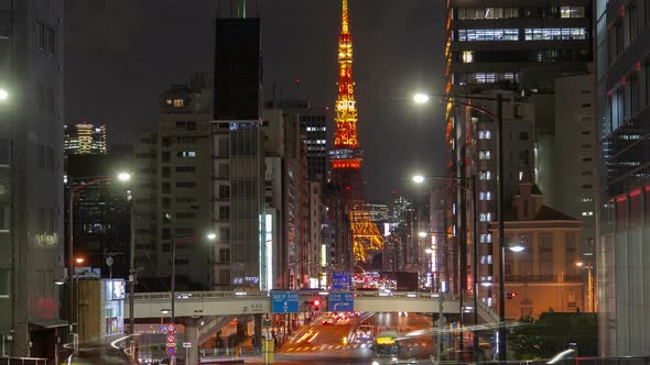 Timelapse Tokyo Street Highway with Traffic and TV Tower alt
