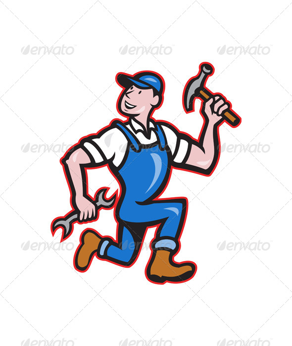 Carpenter Builder Running with Tools Cartoon - People Characters