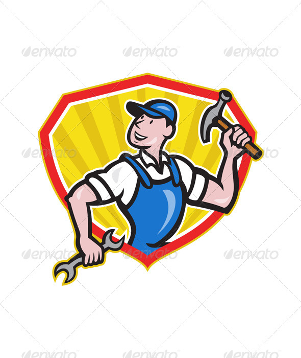 Carpenter Builder Hammer Spanner Cartoon - People Characters