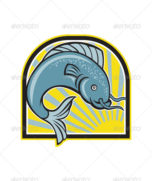 Catfish Jumping Sunburst Cartoon - Animals Characters