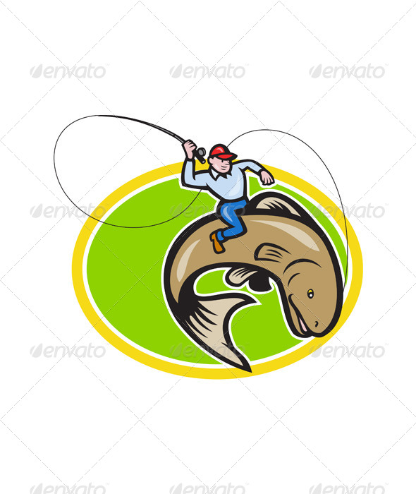 Fly Fisherman Riding Trout Fish Cartoon - People Characters