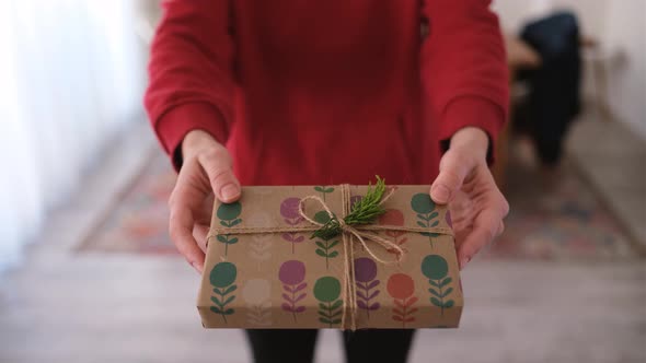 Young lady handing out a gift package decorated with the Christmas concept with both hands