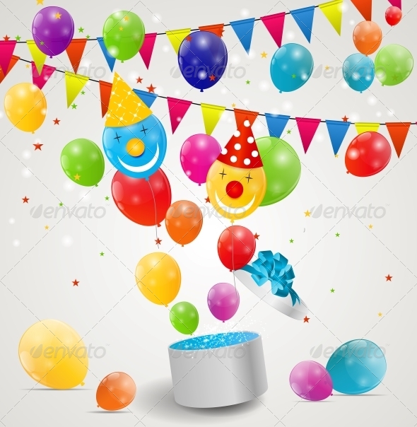 Color Glossy Balloons in Gift Box Background - Birthdays Seasons/Holidays