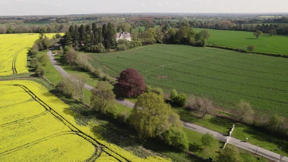 Aerial Spring Season Yellow Flower Rapeseed Field Warwickshire Landscape