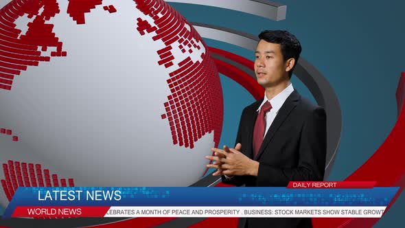 Side View Of Asian Professional Male Anchor Reporting On The Events Of The Day. Television Channel alt