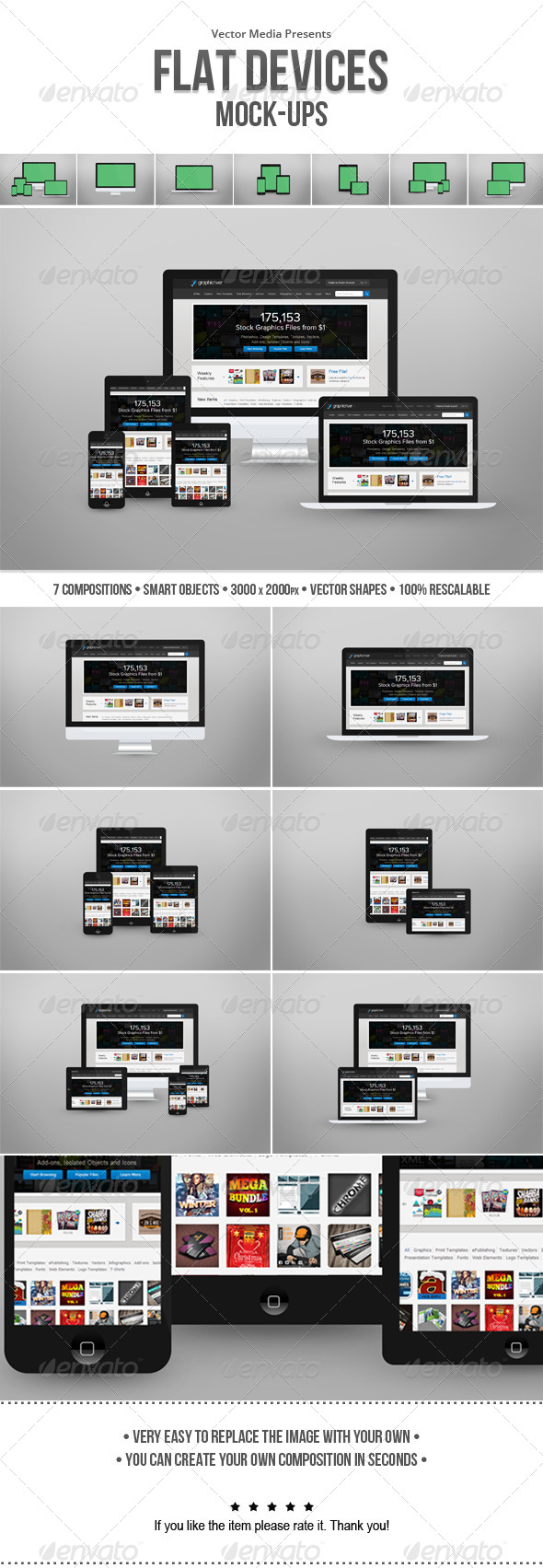 Flat Devices - Mock-ups - Multiple Displays