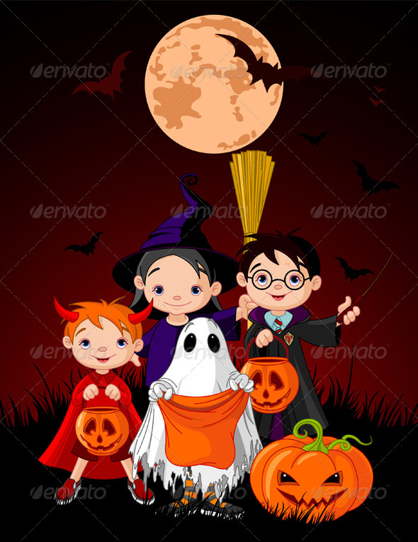 Halloween background with trick or treating chil - Halloween Seasons/Holidays