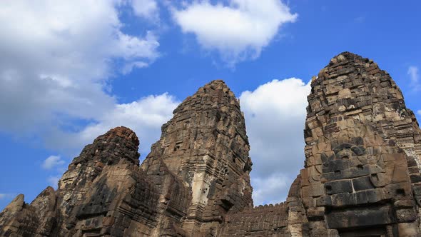 Time-lapse of Phra Prang Sam Yot temple, ancient architecture in Lopburi, Thailand