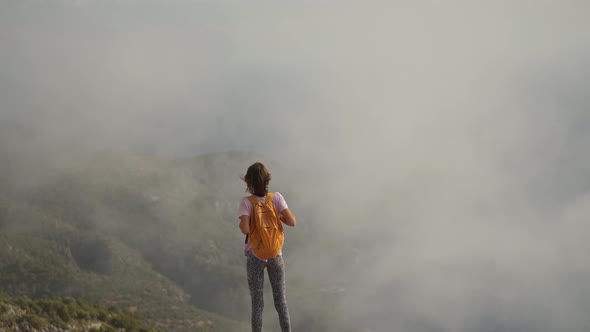 Silhouette of Young Woman Tourist Enjoying Beautiful Seascape of Aegean Coastline Mediterranean Sea alt