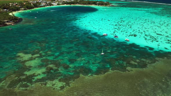 View From the Height of the Beautiful Blue Bay Beach with Boats on the Island of Mauritius in the