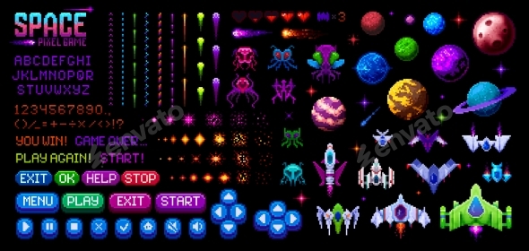 8 Bit Pixel Space Arcade Video Game Interface