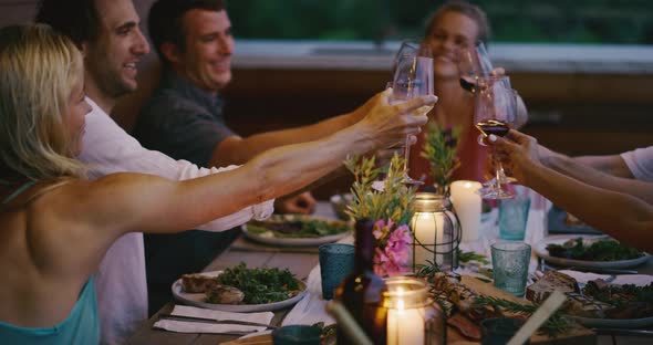 Friends cheersing at the dinner table alt