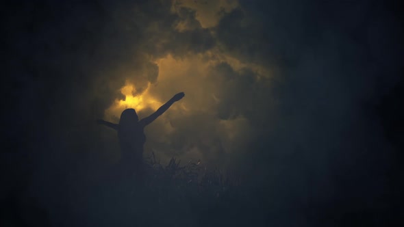 A Mysterious Girl Lifting Her Arms To Strange Lightning Storm alt