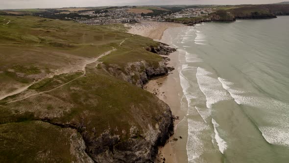 Perranporth Beach Aerial View From Cliffs Packed Dull Summer Day Cornwall UK