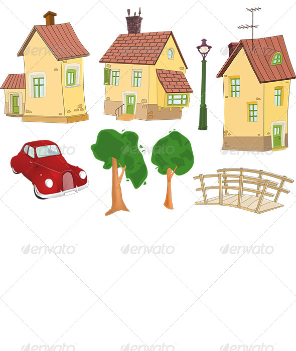 Set of Houses, Trees the Car and the Bridge - Buildings Objects