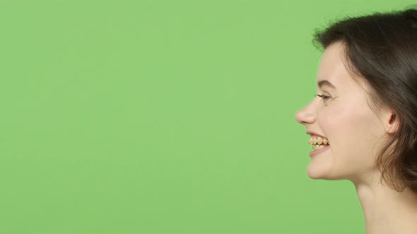 Slowmotion Profile Portrait of Happy Sincere and Enthusiastic Lovely Young Shorthaired Woman Wear alt